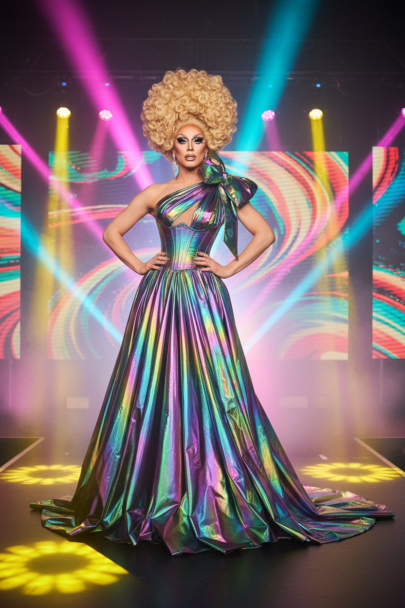 Iridescent One-Shoulder Ball Gown – Drag Queen Prom & Performance Dress