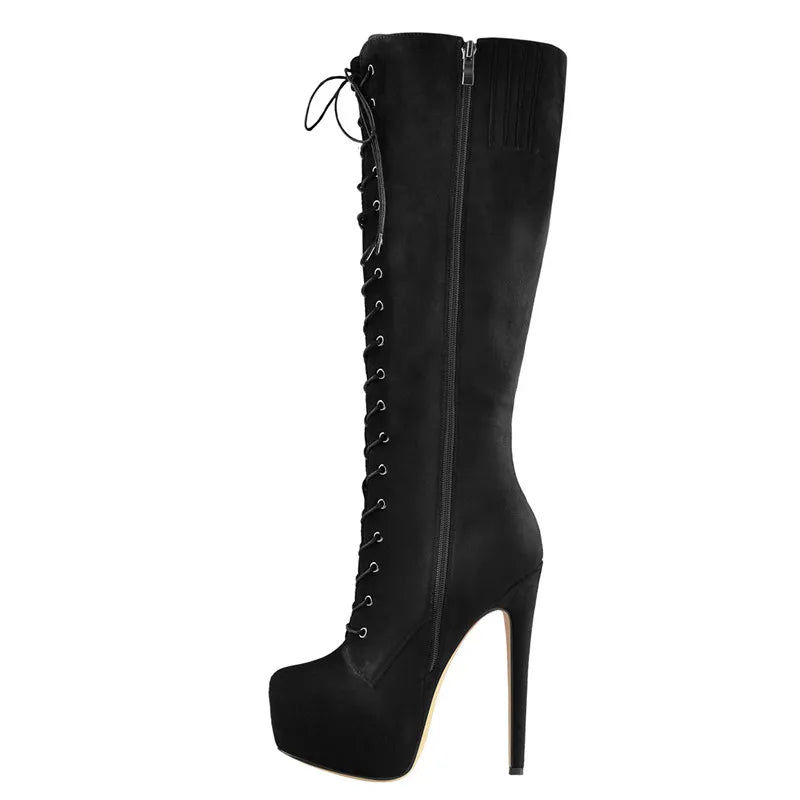 Pointed Toe Platform Knee-High Boots - Lace-Up Side Zipper Heels