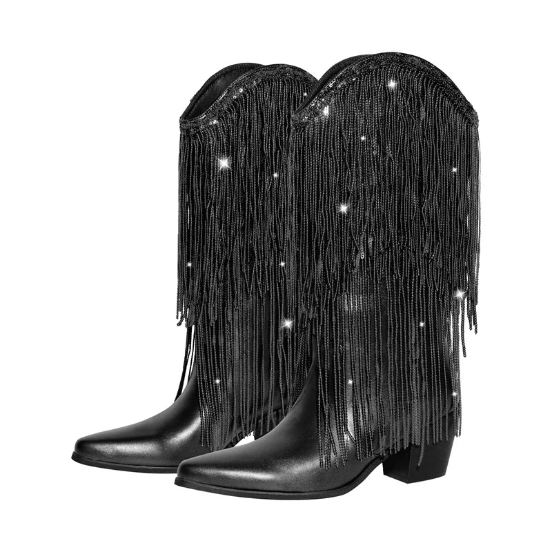 Slay All Day: Sparkle in Black Rhinestone Fringe Cowboy Boots - Mid-Calf Majesty for Every Queen!
