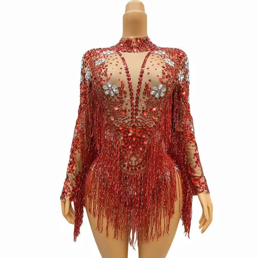 Crystal Fringe Drag Performance Dress – Sparkly Stage Costume