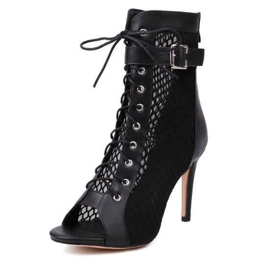 Lace-Up Mesh Peep-Toe Booties | Nude Beige · Black