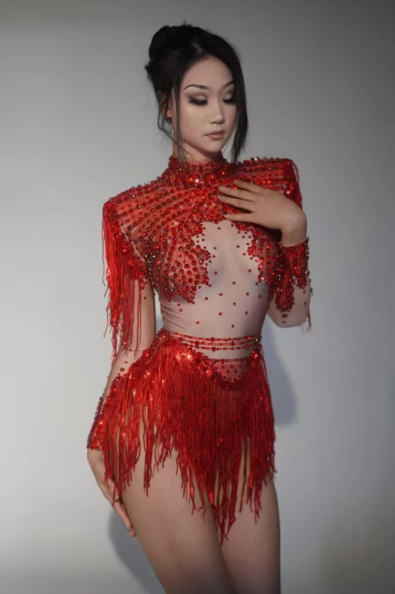 Sparkly Fringe Crystal Bodysuit - Silver & Red Rhinestone Drag Queen Outfit for Stage Glam