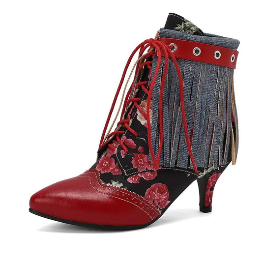 Denim-Fringe Kitten-Heel Booties | White · Black · Blue · Red