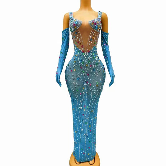 Rhinestones & Pearls Transparent Gown With Gloves