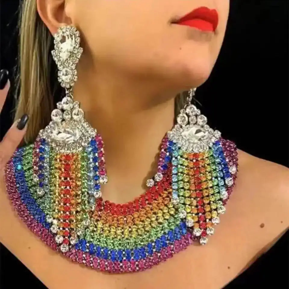 Rainbow Rhinestone Tassel Jewelry Set – Drag & Bridal Statement Accessories