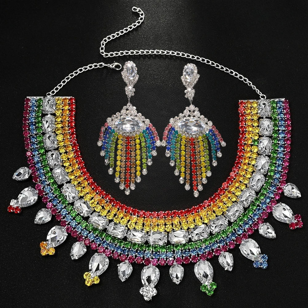 Rainbow Rhinestone Tassel Jewelry Set – Drag & Bridal Statement Accessories