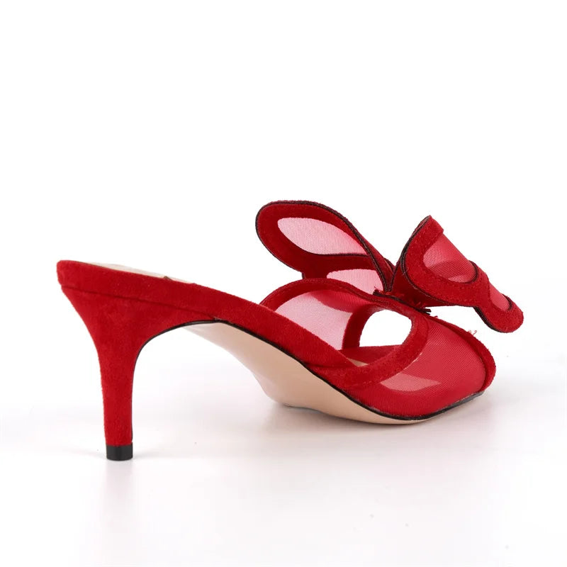 Faux Suede Peep Toe Mules - Kitten Heel Slip-On Sandals