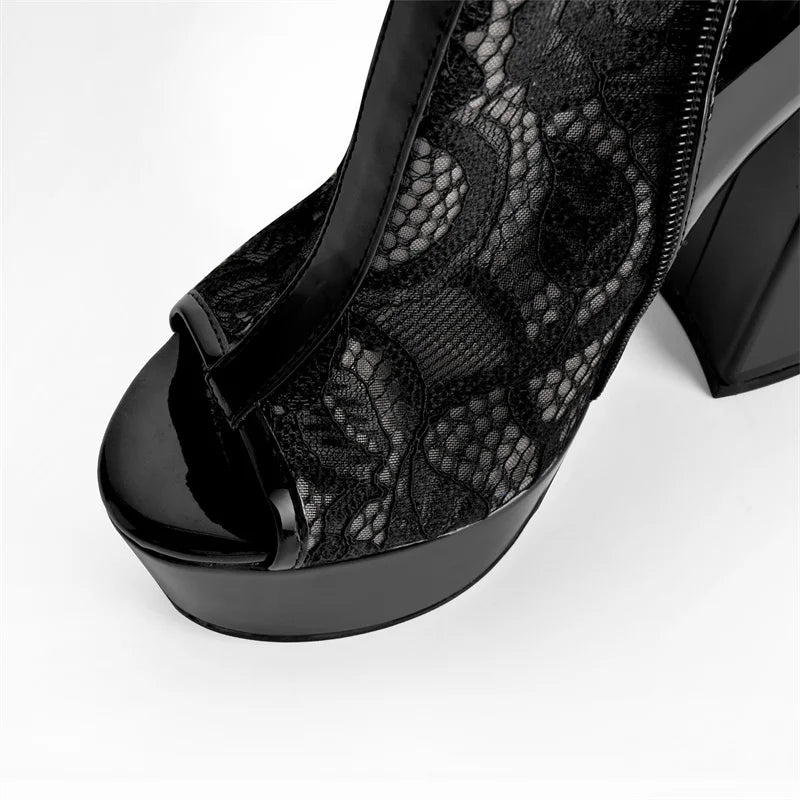 Lace Peep-Toe Platform Ankle Boots