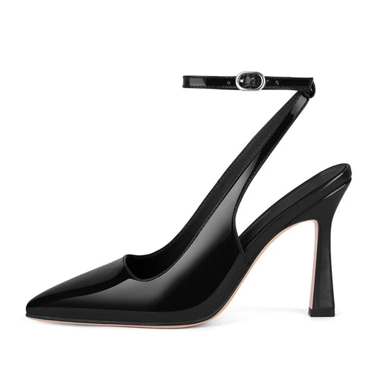 Patent Leather Pointed Toe Slingback Stiletto Heels - Ankle Strap Sandals