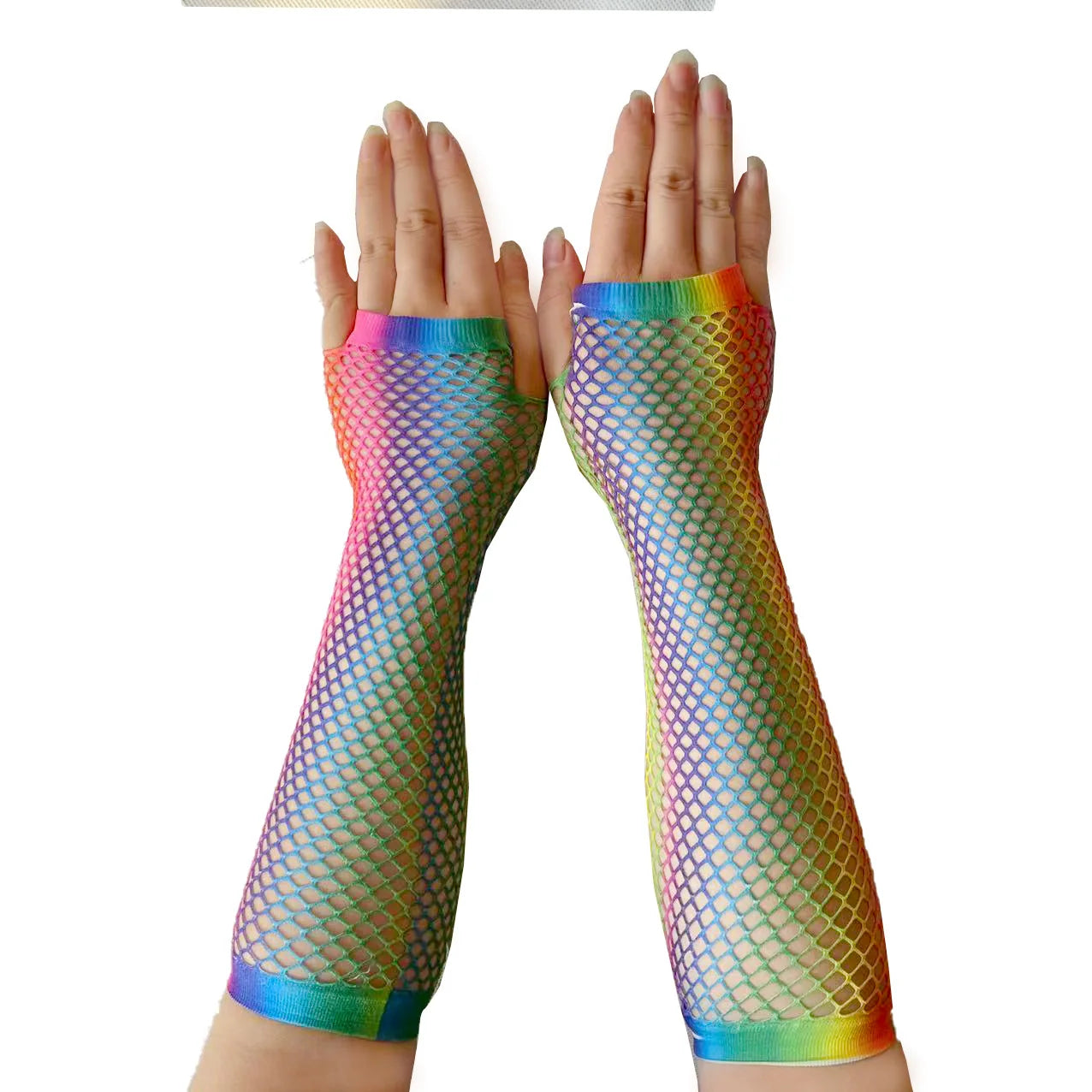 Rainbow Fishnet Elbow Gloves | Half-Finger Net Gloves | Pride, Drag & Festival Accessory
