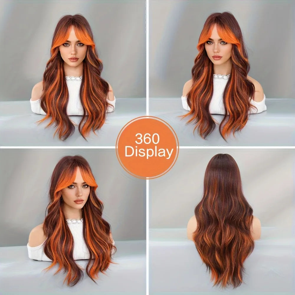 SNATCHED CROWN: 26" Long Loose Wave Copper Fire Wig with Orange Money Pieces & Bangs – Heat-Resistant, High-Density, Lace-Ready Drag Essential