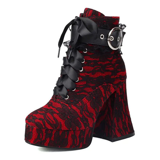 Velvet Lace-Up Platform Boots | Black · Red