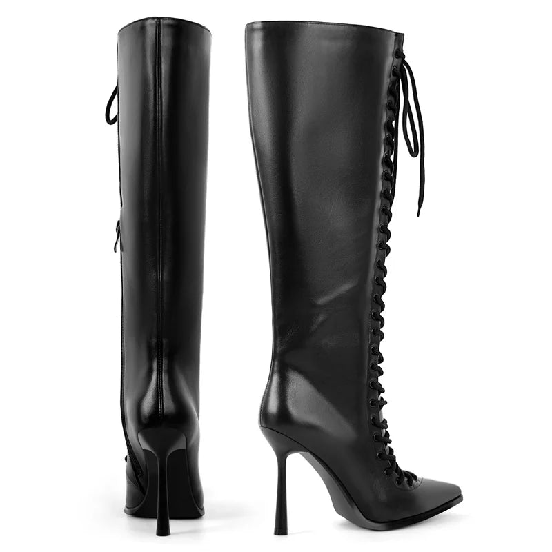 Square Toe Platform Knee-High Boots - Slip-On Stiletto Heels