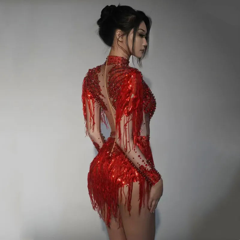 Sparkly Fringe Crystal Bodysuit - Silver & Red Rhinestone Drag Queen Outfit for Stage Glam