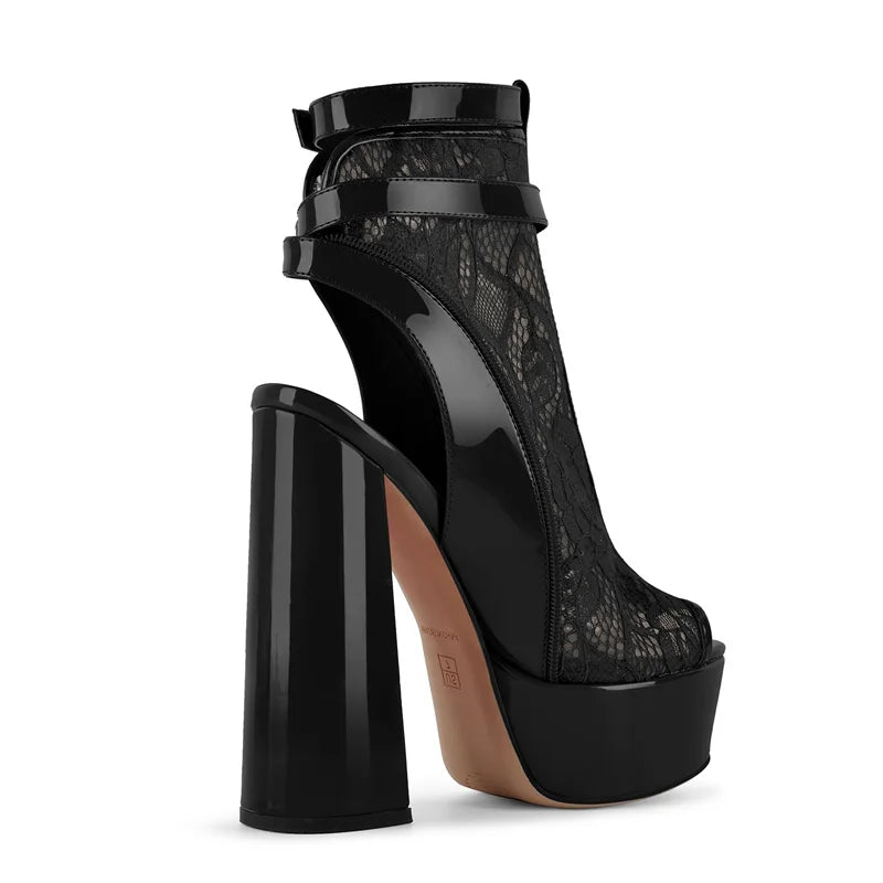 Lace Peep-Toe Platform Ankle Boots
