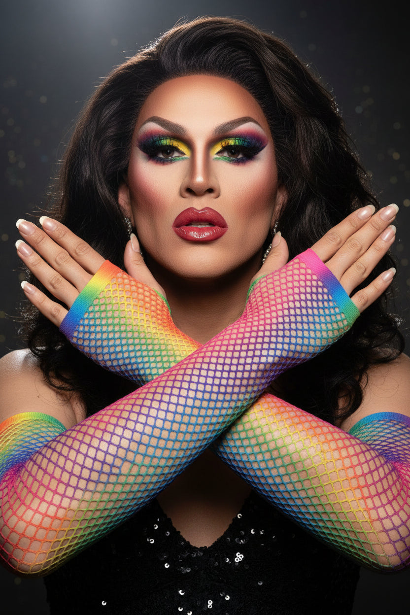 Rainbow Fishnet Elbow Gloves | Half-Finger Net Gloves | Pride, Drag & Festival Accessory