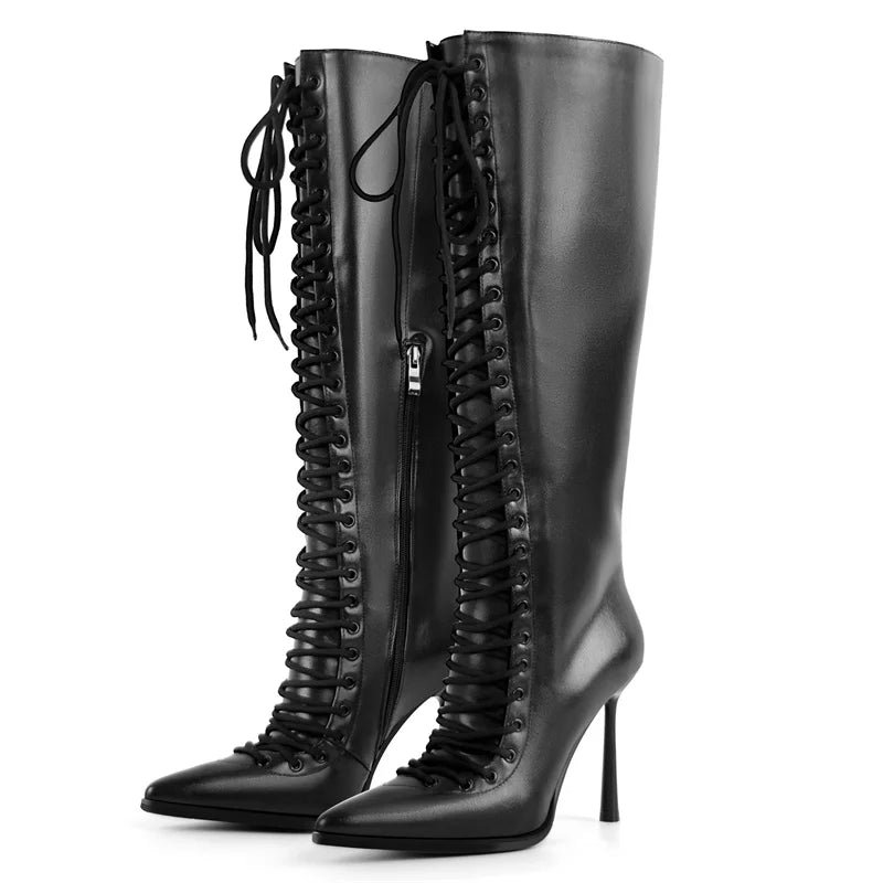 Square Toe Platform Knee-High Boots - Slip-On Stiletto Heels