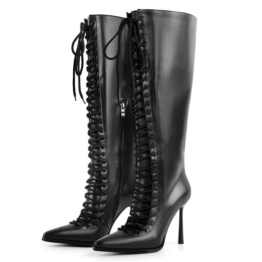 Square Toe Platform Knee-High Boots - Slip-On Stiletto Heels