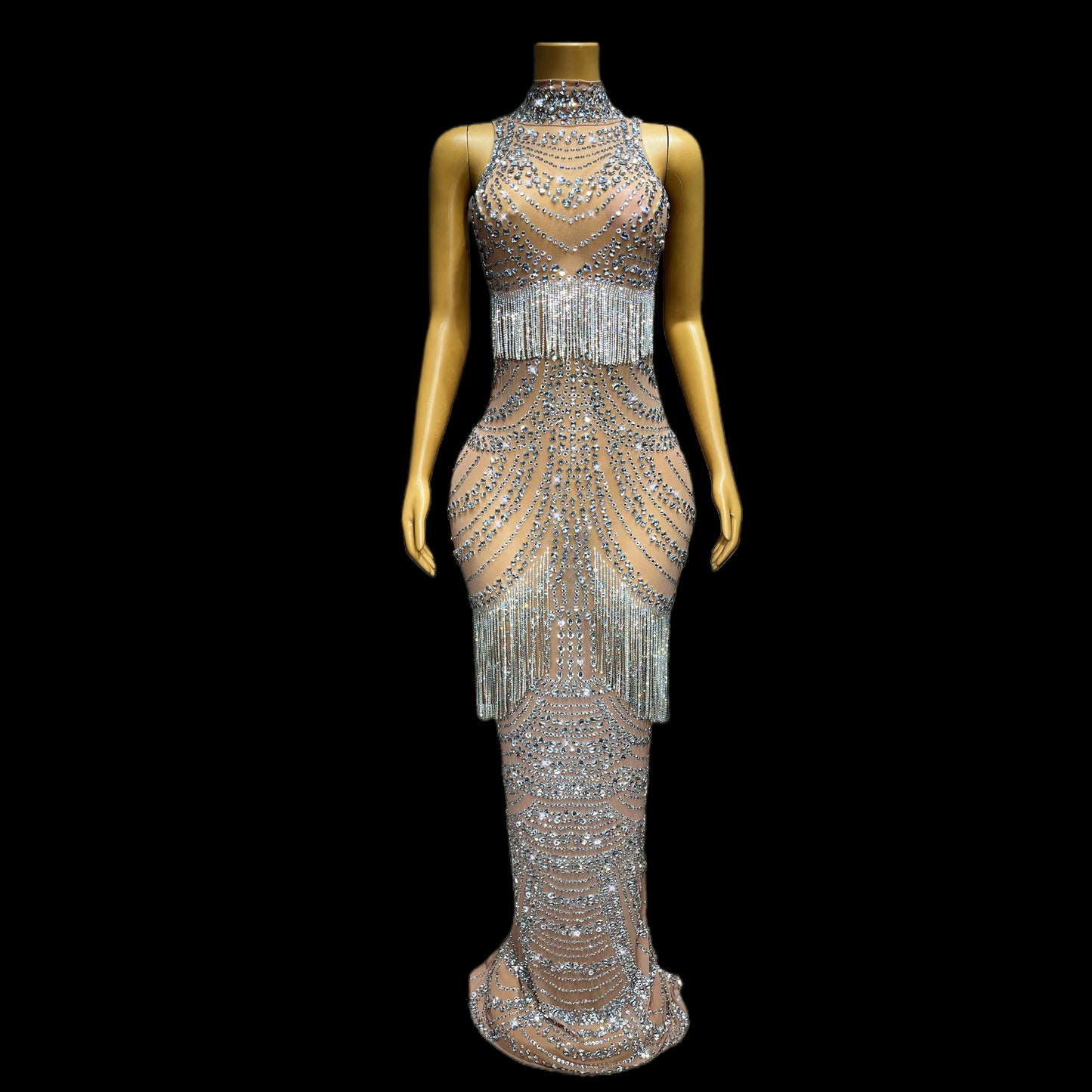 Glitz & Glamour Extravaganza: Bedazzled Crystal Fringe Stretch Dress