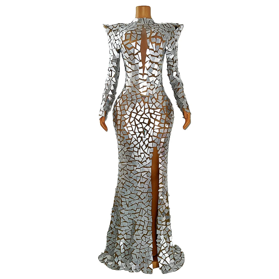 Glitter Galore Silver Showstopper: Side-Slit Sparkle Spectacle!
