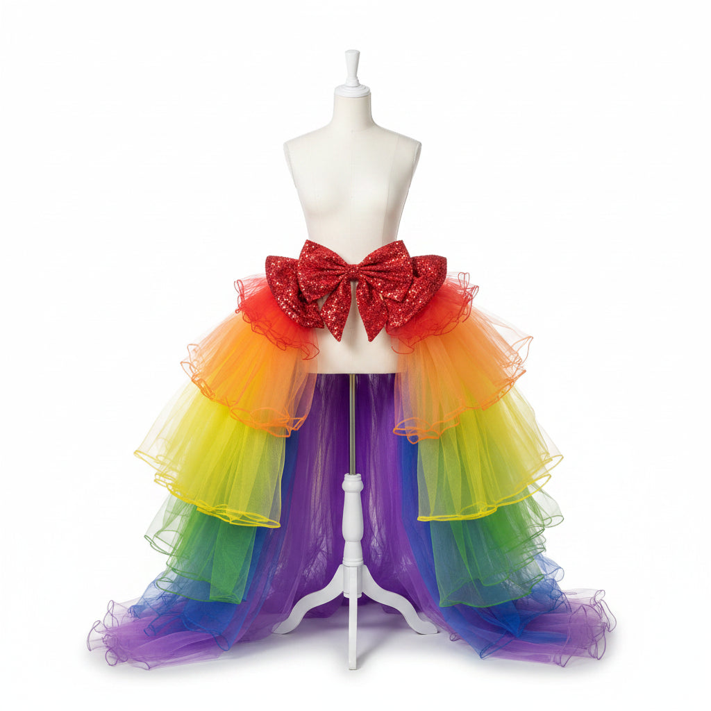 Rainbow Tiered Tulle Pride Skirt | Detachable Bow Overlay | Floor-Length | Sizes S–XXXL
