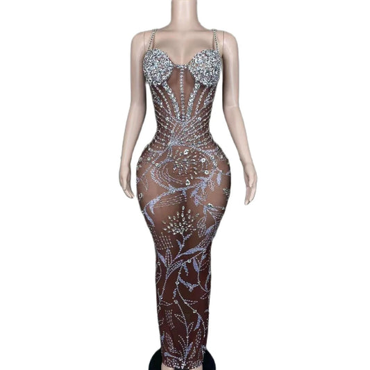 Sparkly Silver Crystals Sheer Gown