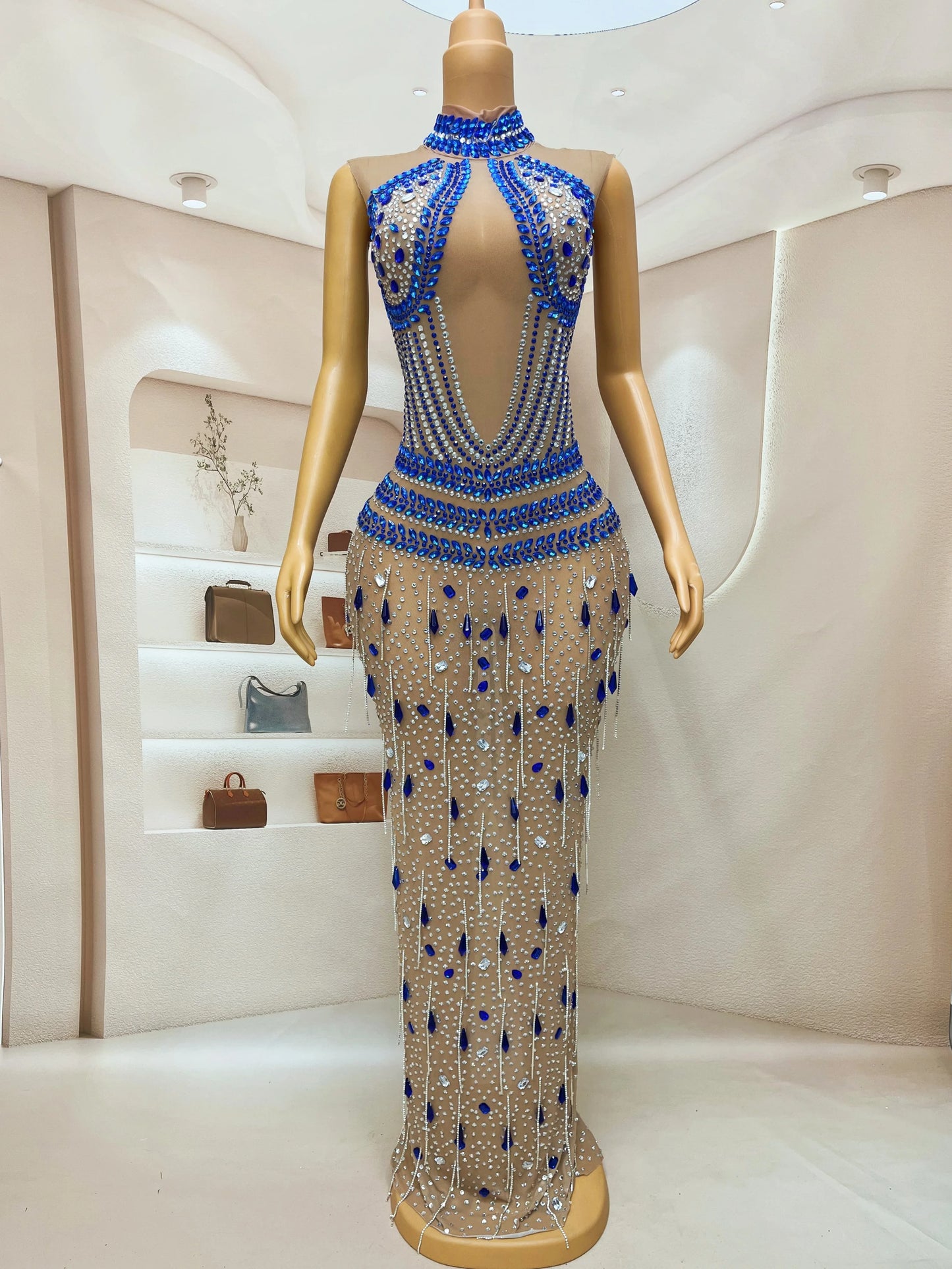 Sparkle & Slay: Silver Blue Rhinestone Fringe Fabulosity Dress
