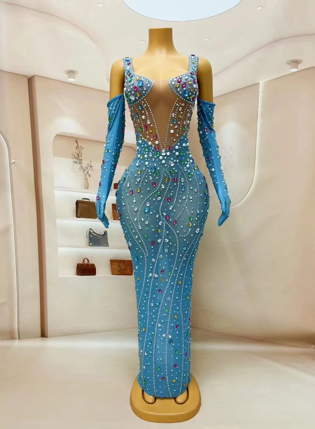 Rhinestones & Pearls Transparent Gown With Gloves
