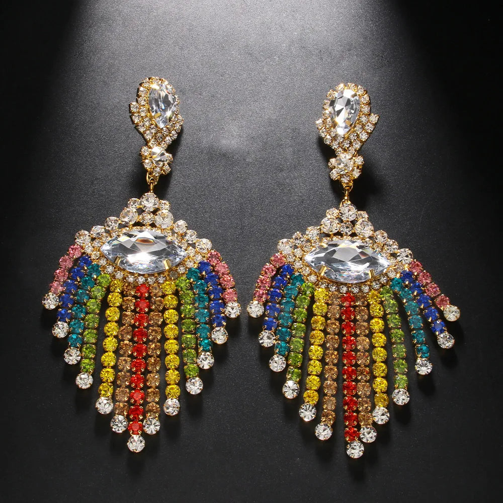 Rainbow Rhinestone Tassel Jewelry Set – Drag & Bridal Statement Accessories