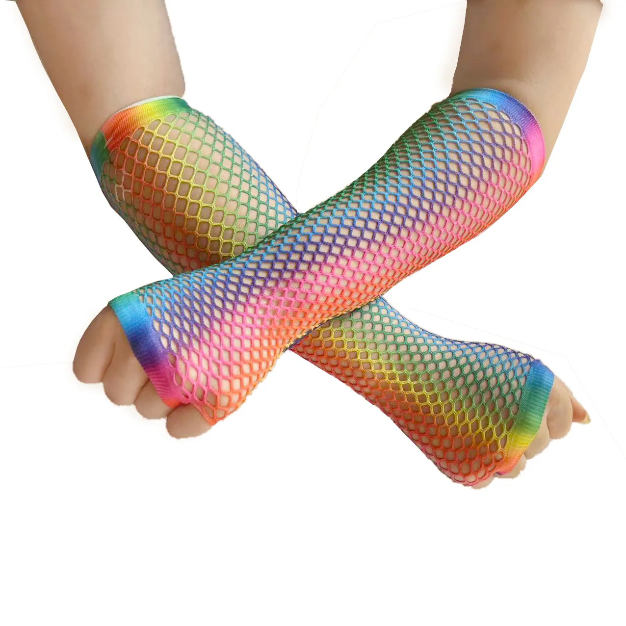 Rainbow Fishnet Elbow Gloves | Half-Finger Net Gloves | Pride, Drag & Festival Accessory