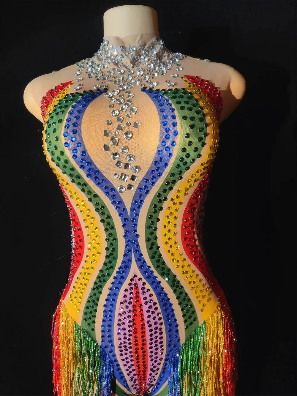 Rainbow Rhinestone Fringe Bodysuit – Drag Queen Stage Leotard