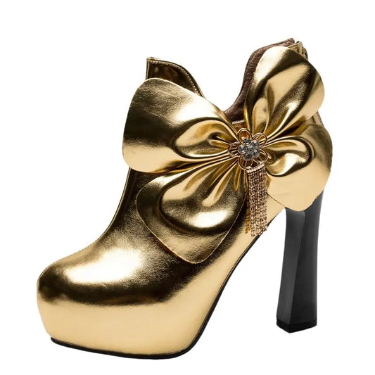 Crystal-Bow Platform Booties | Metallic Gold · Mirror Silver