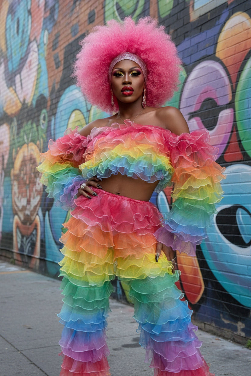 Rainbow Tiered Ruffle Two-Piece Set – Drag Queen Off-Shoulder Crop Top & Wide-Leg Pants