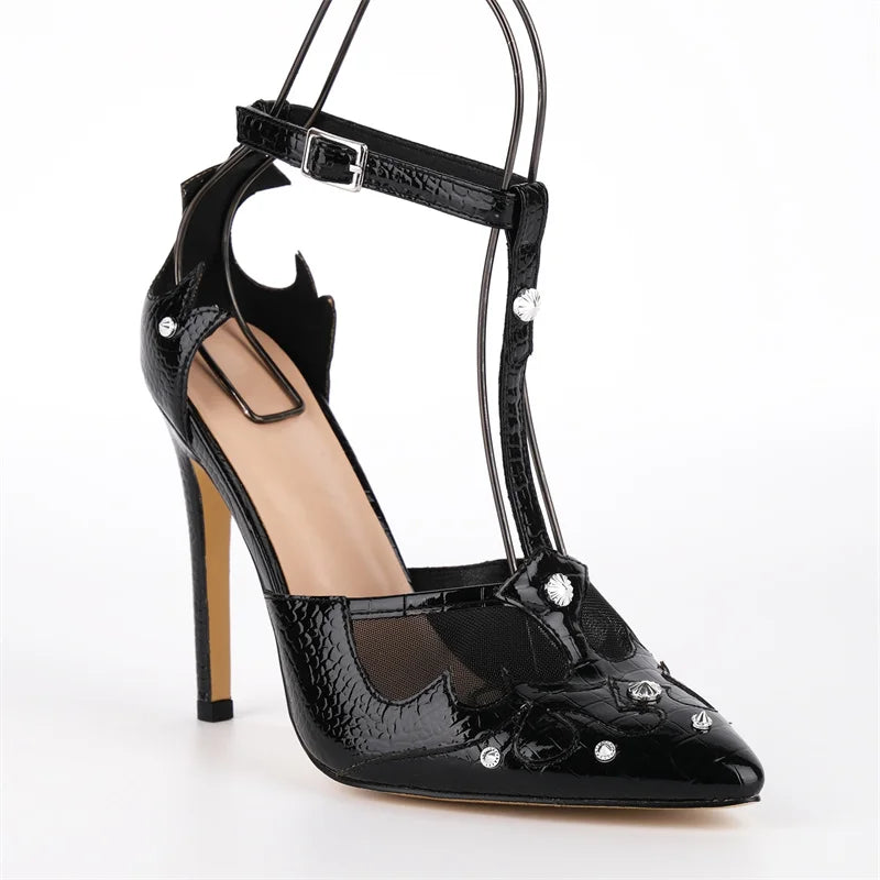Patent Leather Pointed Toe T-Strap Pumps - Stiletto Heels