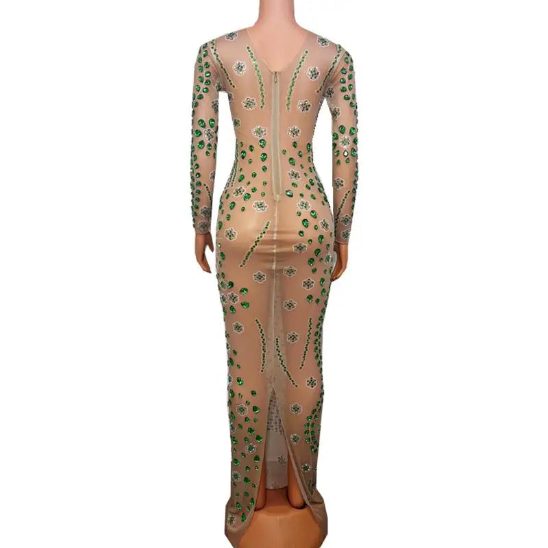Transparent Green Crystal Rhinestones Mesh Long Dress