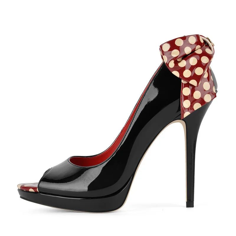 Heart-Print Bow Peep-Toe Stiletto Heels
