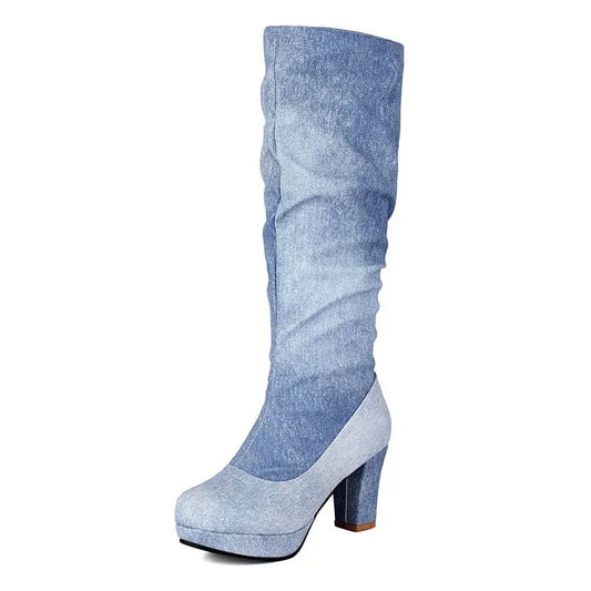 Denim Slouch Platform Boots | Blue · Brown · Grey