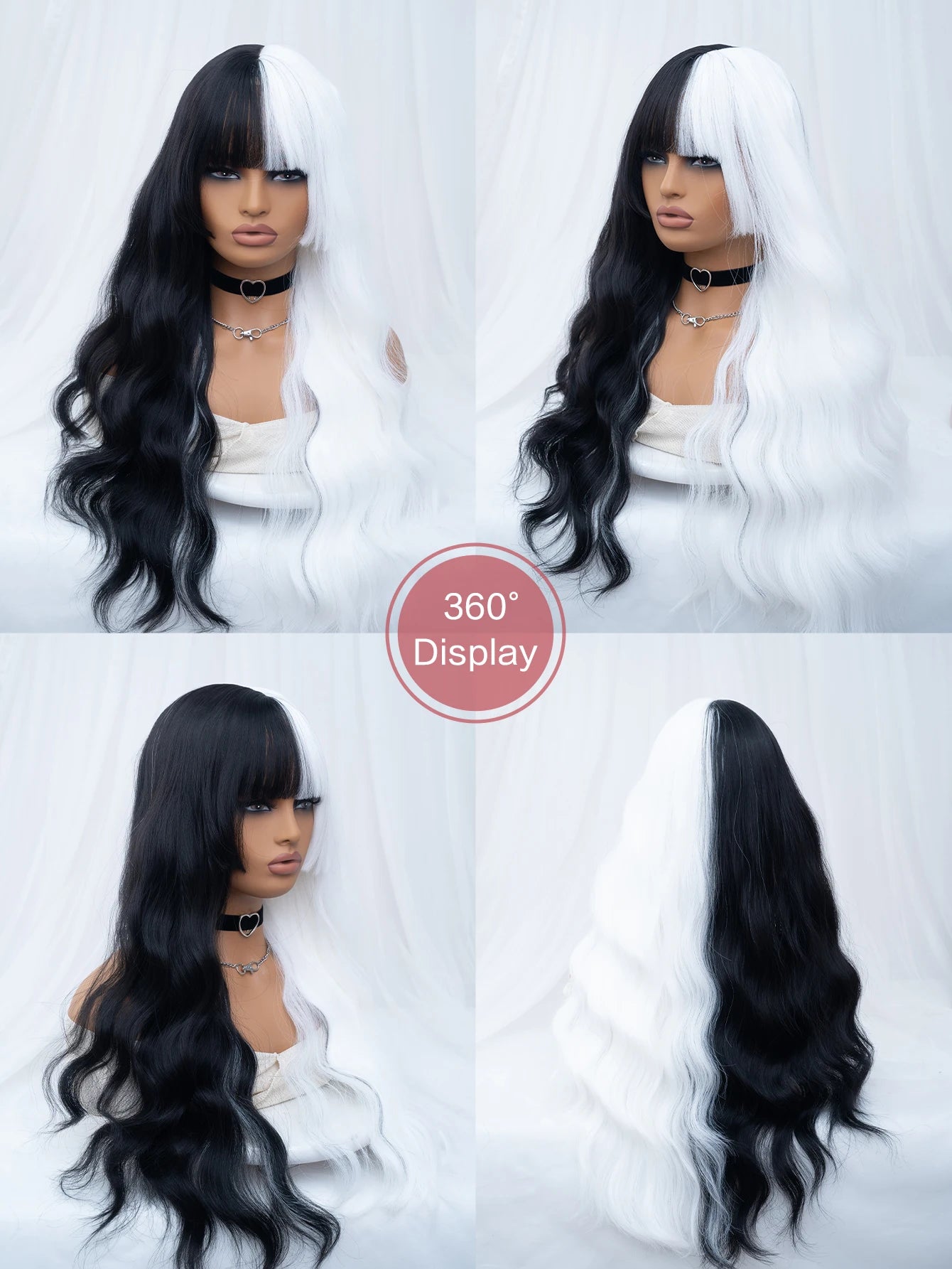 28-Inch Black & White Split Wig – Long Wavy Drag Queen Heat-Resistant Hair with Bangs