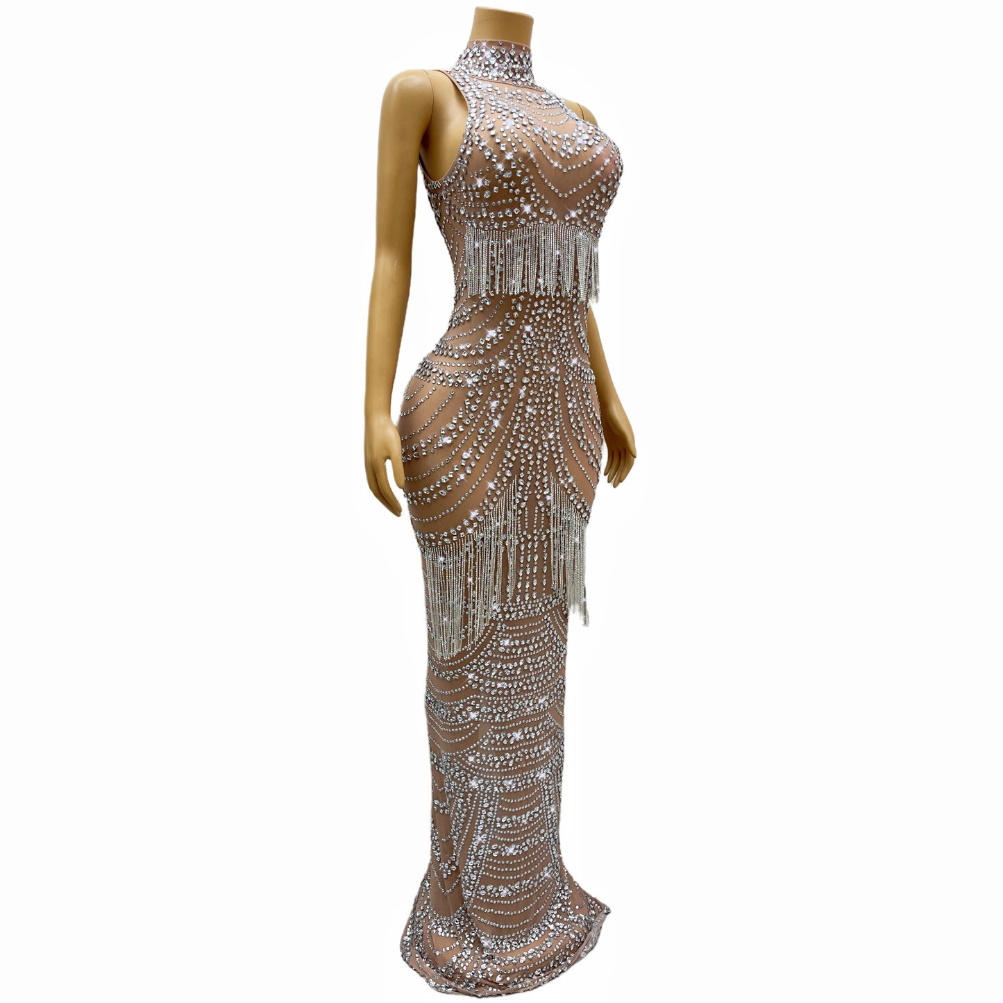 Glitz & Glamour Extravaganza: Bedazzled Crystal Fringe Stretch Dress