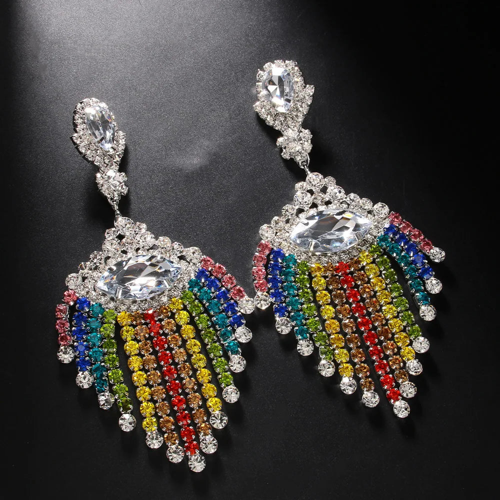 Rainbow Rhinestone Tassel Jewelry Set – Drag & Bridal Statement Accessories