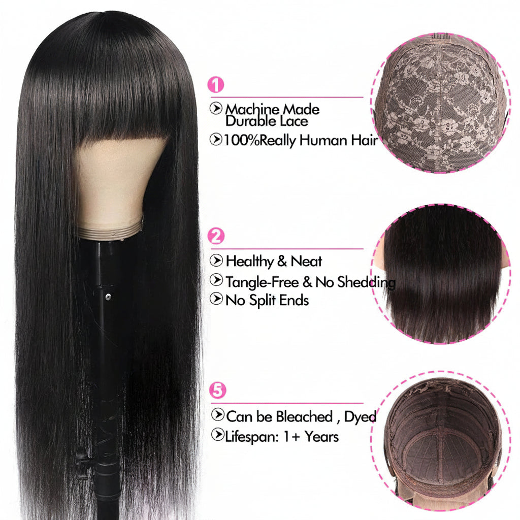 "Bangs & Served" Straight Human Hair Wig with Bangs – Machine Made, No Glue, No Lace