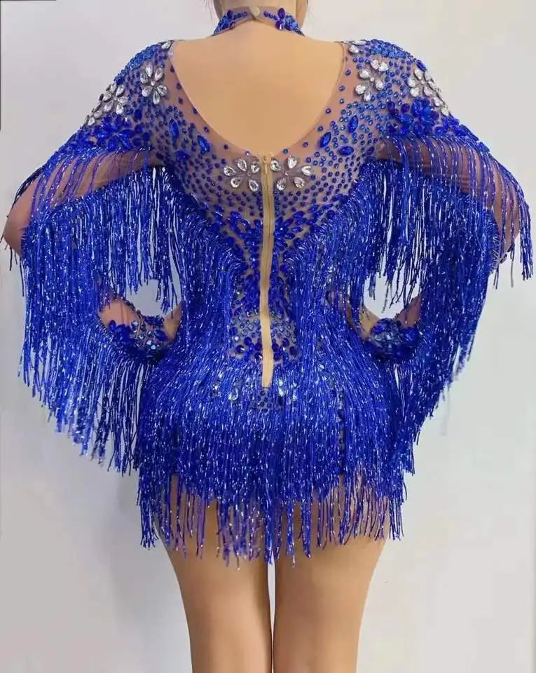 Crystal Fringe Drag Performance Dress – Sparkly Stage Costume