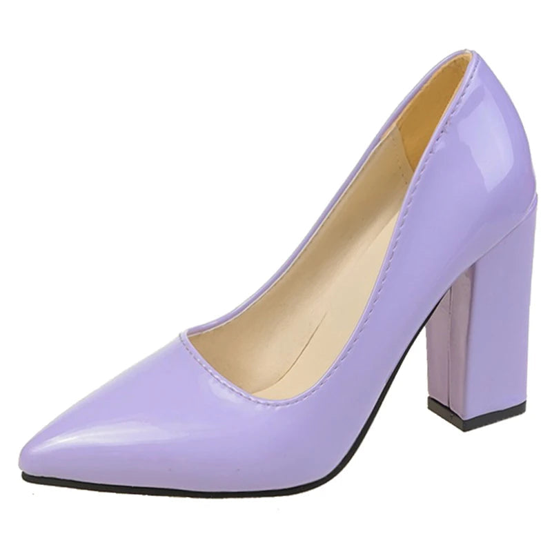 10cm Square Heel Pump – Patent Leather Pointed Toe | 12 Colors | US 9–19