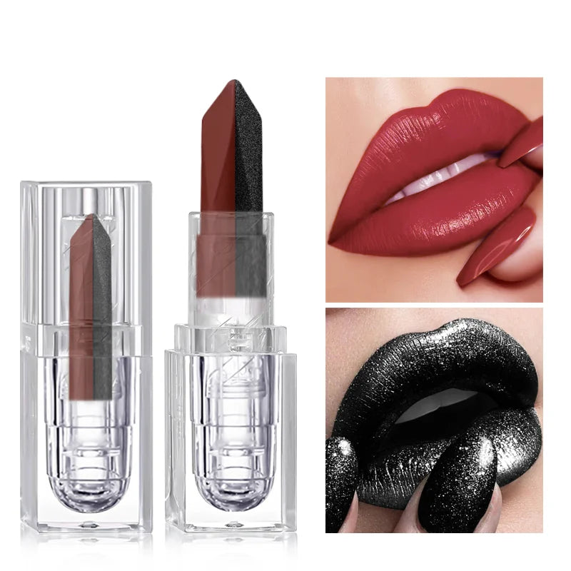 2-in-1 Waterproof Glitter Lipstick – Black & Burgundy Dual-Tone, All-Day Wear