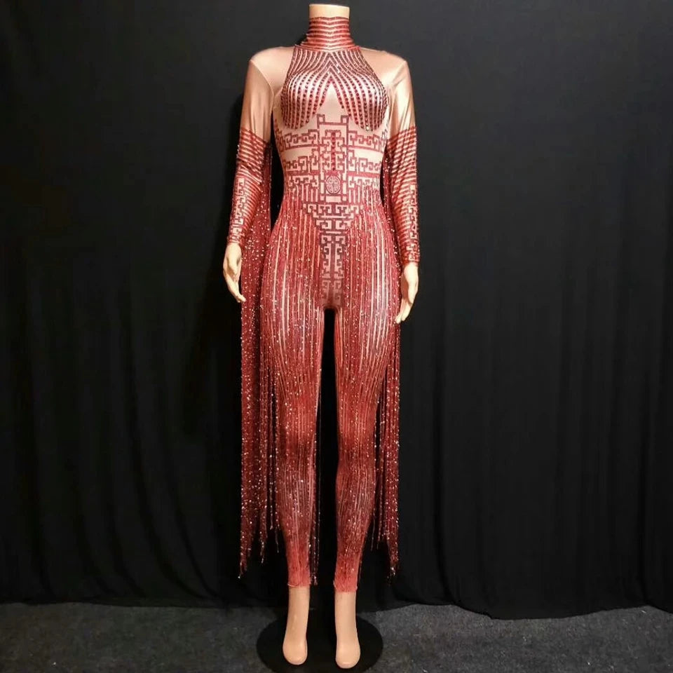 Shining Rhinestone Red Fringe Jumpsuit – Long Sleeve Drag Queen Stage Slay