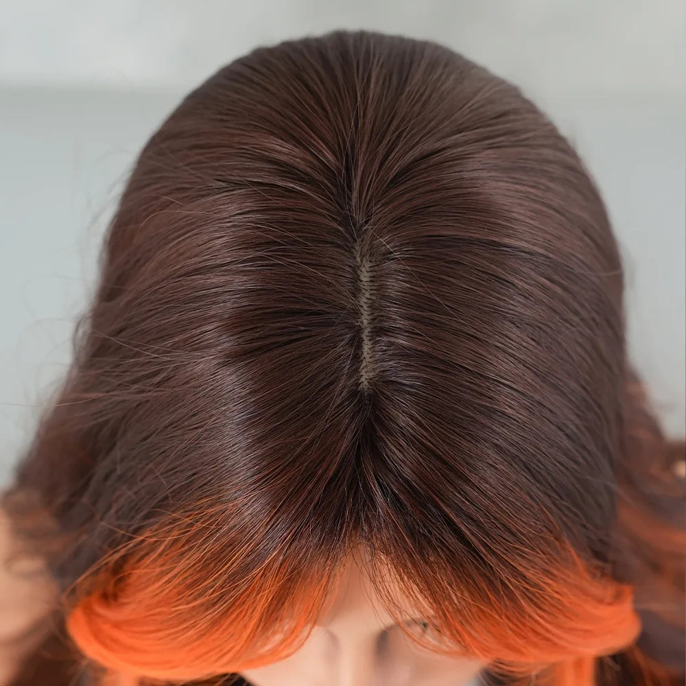SNATCHED CROWN: 26" Long Loose Wave Copper Fire Wig with Orange Money Pieces & Bangs – Heat-Resistant, High-Density, Lace-Ready Drag Essential