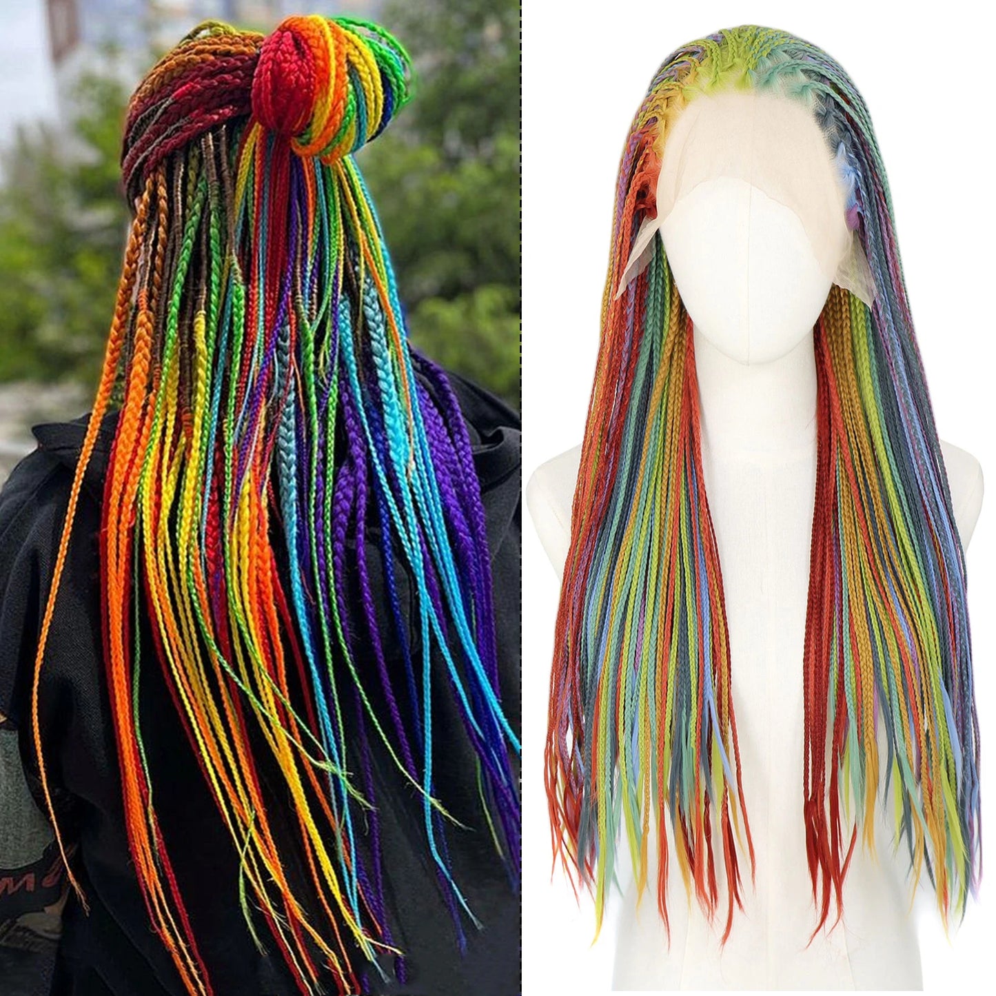 Rainbow Box Braid Lace Front Wig | 26" Cornrow Crochet Braids | 13x3 Swiss Lace | Pride & Drag