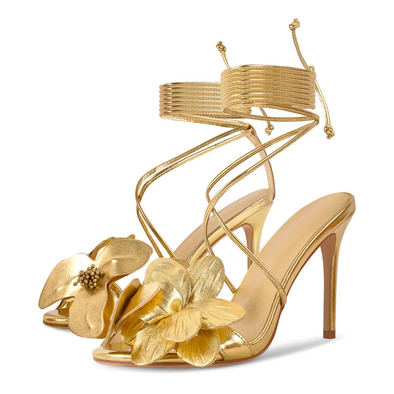 Golden Bloom Goddess Heels – Luxe Floral Drag Sandals (US 5–15)