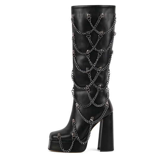Chain Platform Knee-High Boots – Punk Square Toe Boots for Drag Queens