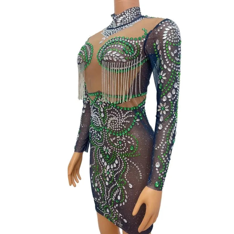 Glittering Glamour: Emerald Enchantment Rhinestone Chains Dress